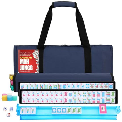 American Mahjong Tile Set,166 Blue Tiles Mahjong Set,4 Colors Mahjong Racks,Travel Mahjong Set with Blue Carrying Bag - style: Blue Bag--Blue Tile