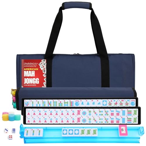 American Mahjong Tile Set,166 Blue Tiles Mahjong Set,4 Colors Mahjong Racks,Travel Mahjong Set with Blue Carrying Bag - style: Blue Bag--Blue Tile