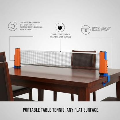 Retractable Table Tennis Net Set, Portable Nylon Ping Pong Net for Flat Surfaces, Damage-Free Setup - color: Orange