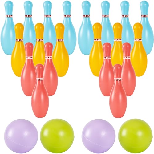 2 Pack Bowling Set Indoor Outdoor Bowling Games Include 20 Bowling Pins and 4 Plastic Ball Lawn Bowling Toy for Kids Boys Girls Family Party Birthday School Educational Gift (Color Set 1) - color: Color Set 1