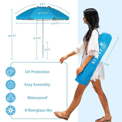 AMMSUN 6ft Folded Portable Travel Beach Umbrella with Sand Anchor Tilt Air vent UPF 50+UV Protection Fit In Suitcase Compact Foldable Telescopic umbrellas for Patio Garden Beach Pool Sky Blue - color: 6ft Light Blue