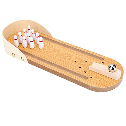 Rosvola Wooden Mini Bowling Game Set, 11.64x3.93inch, Adjustable Metal Ball Plate, Portable Stress Relief Toy for Kids Adults Home Office
