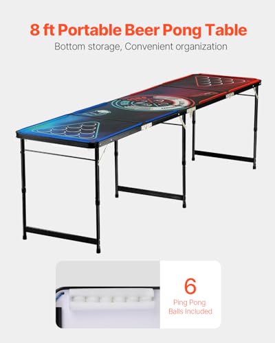 VEVOR 8 Foot Portable Beer Pong Table, LED Lights, Foldable Tailgate Desk with Carrying Handles and 6 Pong Balls, Adjustable Height, Lightweight, for Office, Tailgate Party, Travel & Camping
