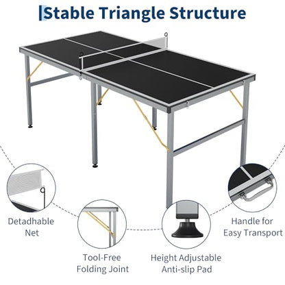 Portable Ping Pong Table - 6x3ft Professional Indoor/Outdoor Table Tennis Set with Net, 2 Paddles & 3 Balls - Quick 5-Min Assembly for Adults/Teens (Red/Black/Blue)