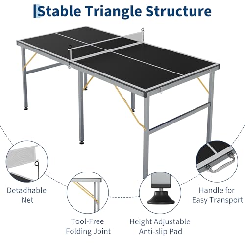 Folding Ping Pong Table 6x3 ft, 12mm MDF Indoor Outdoor Portable Ping Pong Table with Net, Wheels and Playback Mode for Home Game Room, Black