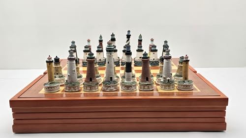 Lighthouse Themed Collectible Chess Set with Wooden Storage Board, Complete 32 Piece Hand Painted Resin Lighthouse Chess Pieces, Nautical Coastal Decor Chess Board Game Set for Adults Gift