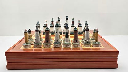 Lighthouse Themed Collectible Chess Set with Wooden Storage Board, Complete 32 Piece Hand Painted Resin Lighthouse Chess Pieces, Nautical Coastal Decor Chess Board Game Set for Adults Gift