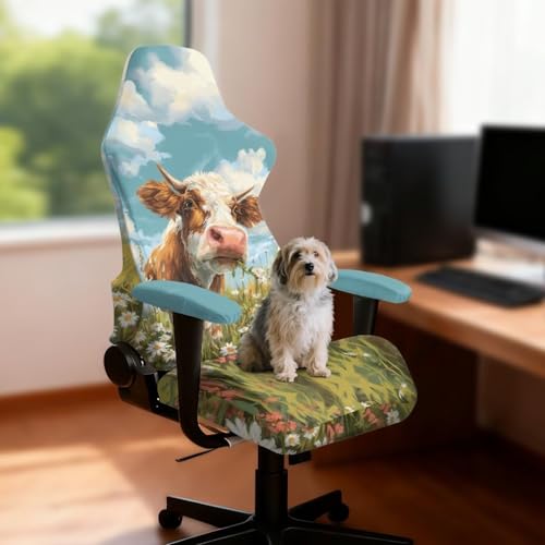 Suobstales Cow Daisy Flower Pattern Gaming Chair Cover Set, Stretchable Game Chair Slipcovers with 2 Armrest Covers, Scratch-Proof Gamer Desk Chair Covers for Computer Office Seat - color: Cow Daisy Flower