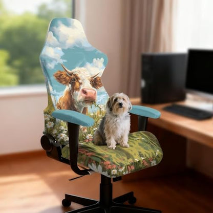 Suobstales Cow Daisy Flower Pattern Gaming Chair Cover Set, Stretchable Game Chair Slipcovers with 2 Armrest Covers, Scratch-Proof Gamer Desk Chair Covers for Computer Office Seat - color: Cow Daisy Flower
