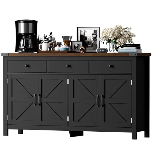 VVFLU 63" Sideboard Buffet Cabinet with Storage, Coffee Bar with 3 Drawers and 4 Barn Doors, Long Wider Storage Cabinet Modern Farmhouse, for Kitchen, Dining Room, Living Room, Black Wood - color: Black/Wood, size: 15.7"D x 63"W x 35.2"H
