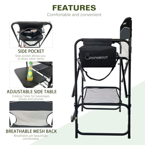 Tall Folding Director Chair 30.7" Seat Height Foldable Bar Stool for Makeup Artist Face Painting with Side Table Carry Bag and Cosmetic Bag Supports 250LBS - color: Black