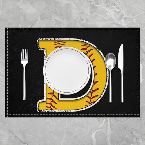Erosebridal Initial D Letter Placemats 12x18 inch Set of 4 Baseball Pattern Place Mats for Kitchen Table | Monogrammed Table Place Mats Softball Accessories Yellow Black Heat Resisting Placemats - color: Yellow D