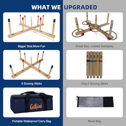 Gothink Extra Large Ring Toss Game for Adults & Kids, 30" Wooden Ring Toss Game Outdoor Fun with 9 Poles, 10 Rings and Carrying Bag Easy to Set Up & Compact Carry Portable Yard Games Toys Gifts