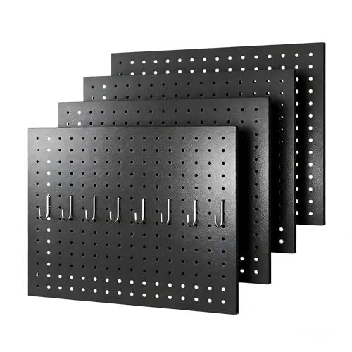 4-Pack Heavy-Duty Metal Pegboard Organizer Kit - 16"x12" Black Steel Wall Control Panels with 8 Hooks for Garage Tools, Craft Rooms, and Home Office Storage - color: Black, size: 4 Packs+8Hooks