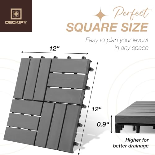 9Pcs Premium Acacia Wood Interlocking Patio Deck Tiles, 12 x 12 x 0.9 Inch Outdoor Flooring, Waterproof for All-Weather Use – Crossed, Gray