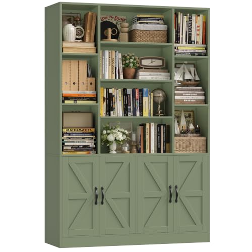 HOSTACK 72” Tall Book Shelf and Bookcase, White Bookshelf with Storage Cabinet, 45” Wide Bookcase with 4 Doors, Standing Display Shelves, Modern Farmhouse Book Case for Living Room, Green - color: Green