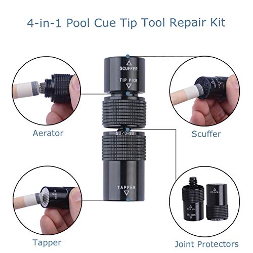 Aluminum 4-in-1 Billiard Pool Cue Tip Accessory Tool Repair Kit (Scuffer, Aerator, Tapper, Joint Protector) - style: 3/8 X 10
