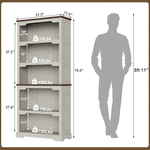 70 inch Tall White Bookcase Bookshelf, 5-Tier Open Storage Shelf, 31.5'' Wide Standing Bookshelves for Home, Office, Bedroom, School, Library, 31.5W * 11.81D (White Espresso, Open Storage) - color: White Espresso
