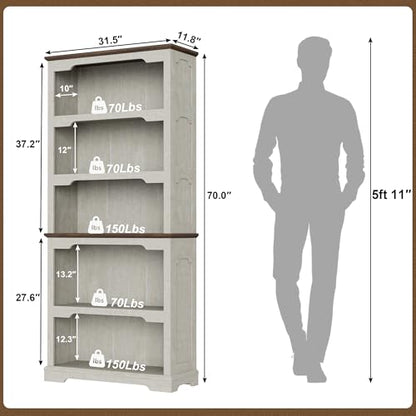 70 inch Tall White Bookcase Bookshelf, 5-Tier Open Storage Shelf, 31.5'' Wide Standing Bookshelves for Home, Office, Bedroom, School, Library, 31.5W * 11.81D (White Espresso, Open Storage) - color: White Espresso