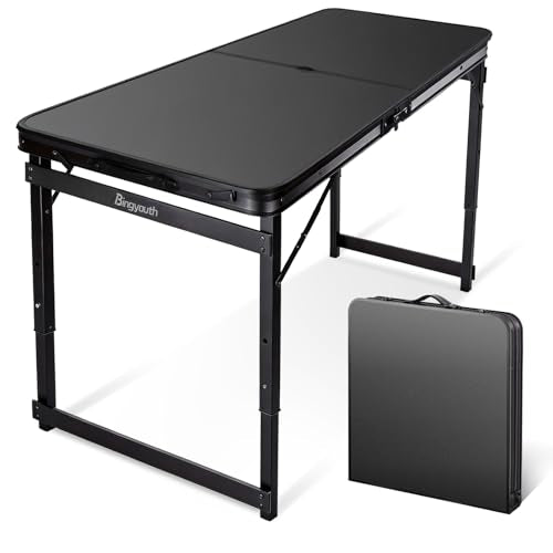 4FT x 2FT Folding Camping Table Adjustable Height with Umbrella Hole, Aluminum Alloy Legs Foldable Portable Outdoor Table for Picnic, Travel, Parties, Kids Craft, Market Vendor Use - size: 4 ft × 2 ft × 2.3 ft H, with Umbrella Hole