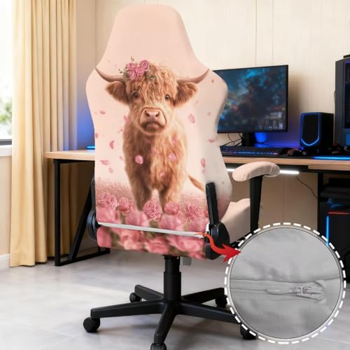 Suobstales Highland Cattle Rose Pattern Gaming Chair Covers with Armrest Cover, Stretch Washable Computer Gaming Chair Slipcovers for Armchair, Swivel, Computer Boss Chair - color: Highland Cattle Rose