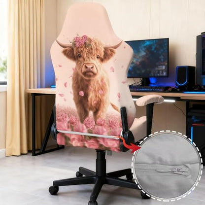 Suobstales Highland Cattle Rose Pattern Gaming Chair Covers with Armrest Cover, Stretch Washable Computer Gaming Chair Slipcovers for Armchair, Swivel, Computer Boss Chair - color: Highland Cattle Rose