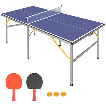 Mid-Size Table Tennis Table Foldable with Net, Foldable & Portable Ping Pong Table Set with 2 Table Tennis Paddles and 3 Balls for Small Spaces, Indoor/Outdoor Backyard Garden - size: 6ft
