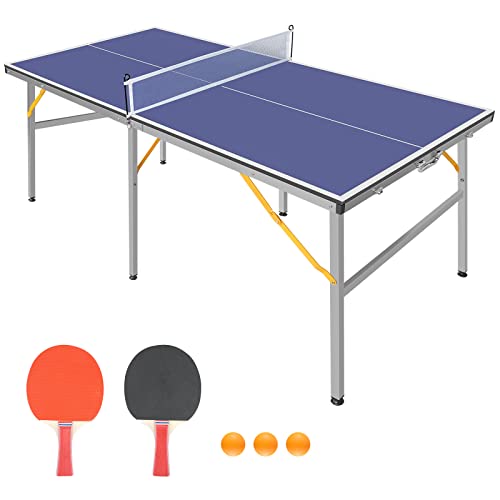 GarveeLife Professional Outdoor Table Tennis Tables,6x3FT Indoor/Outdoor Portable Ping Pong Table Game with Net for Adults/Teens,2 Table Tennis Paddles and 3 Balls - color: blue