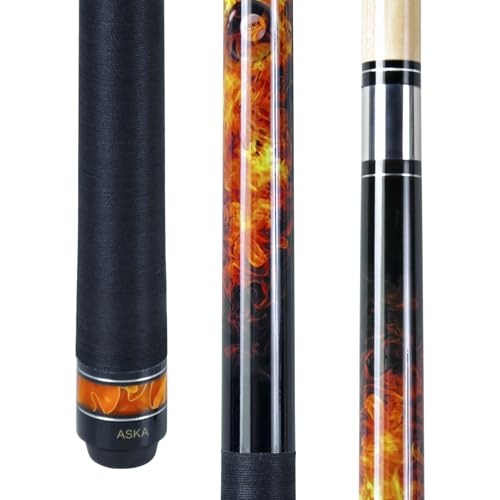 ASKA Fireball 2-Piece Pool Cue Stick, 58", 19oz, Hardrock Maple Shaft, 12.75mm Hard Leather Tip, Unique Fireball Graphic Overlay, Black Irish Linen Wrap and Marbleized Orange Swirl Ring Accent.