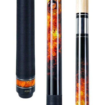 ASKA Fireball 2-Piece Pool Cue Stick, 58", 19oz, Hardrock Maple Shaft, 12.75mm Hard Leather Tip, Unique Fireball Graphic Overlay, Black Irish Linen Wrap and Marbleized Orange Swirl Ring Accent.