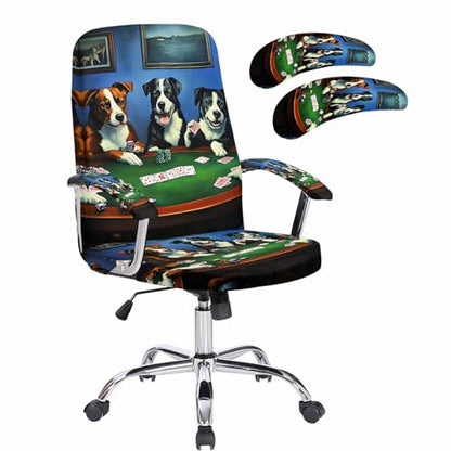 Abstract Animal Office Chair Cover with Armrest Covers, Dog in The Room Play Poker Games Universal Stretch Desk Rotating Chair Slipcovers, Removable Seat Protector with Zipper, S - color: Dark Green Brown, size: Small & 2PCS Armrest Covers