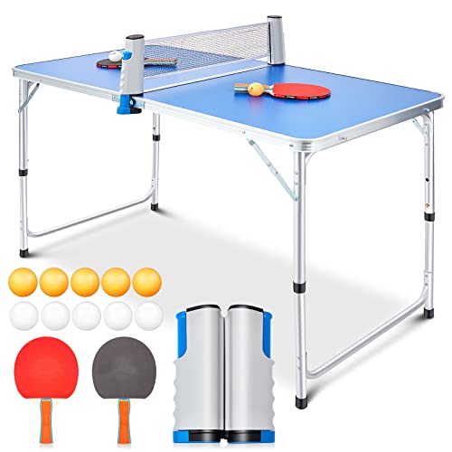 Pinkunn Table Tennis Table Portable Foldable Tables Tennis Game Set with 2 Tabled Tennises Paddles 10 Tabled Tennises Ball and 1 Net Height Adjustable Compact Storage Fit in Most Closet(4 x 2 ft)