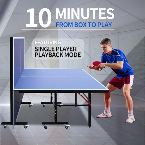8ft Mid Size Table Tennis Table Foldable Portable Ping Pong Table Set for Indoor Games with Net, 2 Table Tennis Paddles and 3 Balls