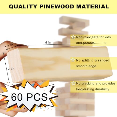 60 PCS Giant Tumbling Tower Game,Jumbo Outdoor Games for Adults & Family, 5 FT Premium Wooden Blocks Stacking Toys with Carry Bag for Backyard, Lawn, Party, Camping - size: Large Size
