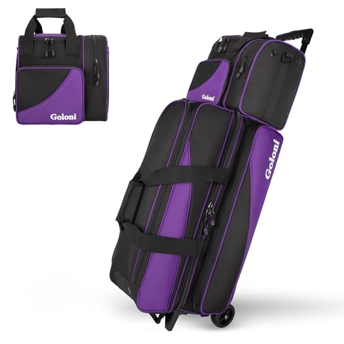 Goloni 3 Ball Bowling Bag with Wheels, Rolling Bowling Roller Bag with Retractable Handle for Balls & Bowling Accessories - color: 4 Ball-Purple