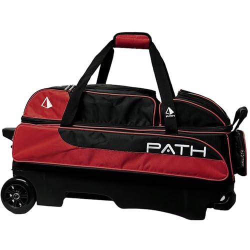 Pyramid Path Triple Premium Deluxe Roller Bowling Bag With Extra Large Separate Shoe Compartment (Up To US Mens Size 16) and 5 Accessory Pockets, 5" Wheels, Retractable Locking Handle - Extends to 42" - color: Black/Red