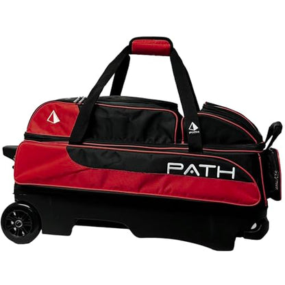 Pyramid Path Triple Premium Deluxe Roller Bowling Bag With Extra Large Separate Shoe Compartment (Up To US Mens Size 16) and 5 Accessory Pockets, 5" Wheels, Retractable Locking Handle - Extends to 42" - color: Black/Red
