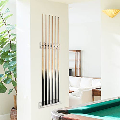 MyGift Vintage Whitewashed Wood Billiards Pool Stick Holder, Wall Mount Pool Cue Rack with Clips, Pool Table Organizer Accessories Set (Cue Rack Only), Holds up to 6 Cues