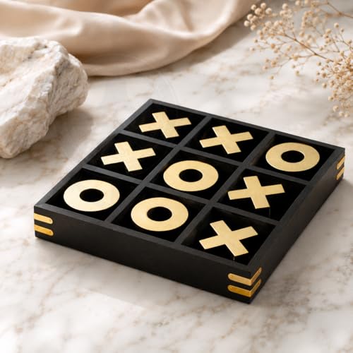 10" Large Elegant Premium Black Tic Tac Toe Board Game | Wooden Puzzle Game | Coffee Table Wooden Decor & Games | Lightweight Gold Plated Pieces
