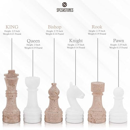 Marble Chess Pieces 3.5 Inch Travertine and White Stone Chess Figures for Chess Board, Draughts & Travel Set, Ideal Strategy Board Games for Adults & Table Top Game Accessories - color: Travertine & White