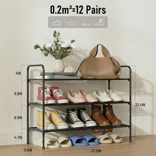 3-Tler Shoe Rack Organlzer, Rustproof lron, Spaclous Shoe Storage Shelf for Closet or Entryway, Fits Sneakers & Slippers, Black