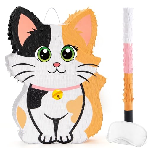 Wernnsai Kitten Cat Piñata - Cat Kitten Decorations For Kids Girls Birthday Cute Animal Party Game For Cat Lady KittenParty Supplies Favor With Bat Blindfold 16“ x 12.5" x 3" - style: Cat