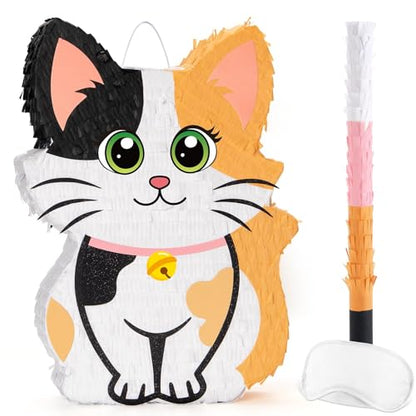 Wernnsai Kitten Cat Piñata - Cat Kitten Decorations For Kids Girls Birthday Cute Animal Party Game For Cat Lady KittenParty Supplies Favor With Bat Blindfold 16“ x 12.5" x 3" - style: Cat