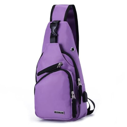 Seoky Rop Men Women Sling Backpack Nylon Water Resistant Shoulder Chest Crossbody Sling Bag with USB Charging Port - color: Purple