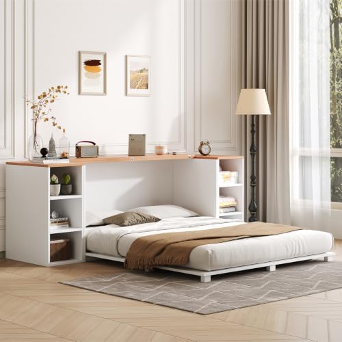 Full Murphy Bed Cabinet, Farmhouse Murphy Bed with Wooden Foldable Platform, 6 Open Cubby Storage Shelves, Saving Space Wall Bed for Guest Room, Home Office & Apartment, White - size: Full