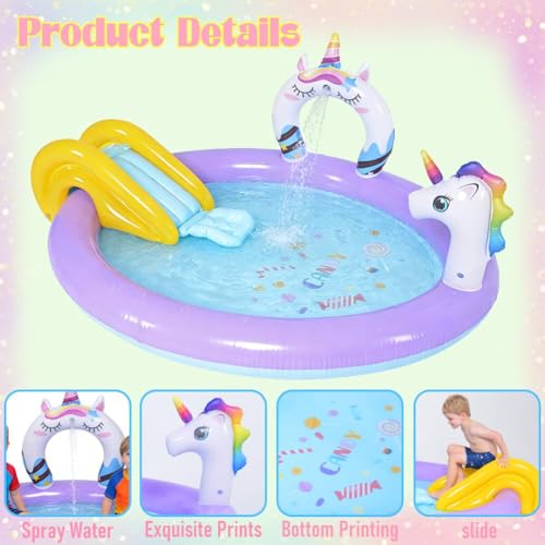 Unicorn Inflatable Swimming Pool with Water Slides, Inflatable Play Center Kiddie Pool with Water Sprayer Garden Outdoor Backyard - size: 76.8"
