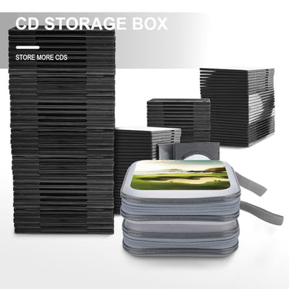 Beach Golf Course Plastic CD Case, 40 Capacity DVD Case Portable Zipper Holder with Handle, CD Storage Box for Car Home Office Travel