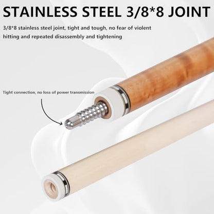 CUEELF Pool Cue Stick Low Deflection Hand-Made Inlay Billiard Cue 58'' Professional Billiard Pool Cue Stick for Adults-12.5mm Tip,3/8 * 8 Joint - color: WD-SM-HB-BS