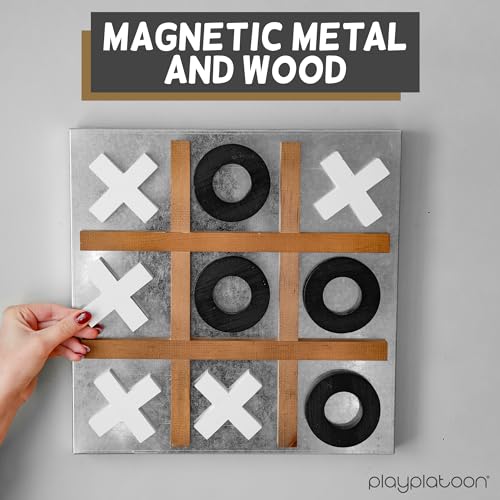 Play Platoon Giant 4 in a Row Outdoor Game & Magnetic Tic Tac Toe - Wooden Yard Game with Case & Rustic Metal/Wood Board for Family Fun & Room Decor