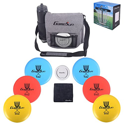 DISC Golf Set-Includes 1pc Heavy Duty Nylon Carry Bag, 2pcs Drivers, 2pcs Mid-Ranges, 2pcs Putters, 1pc Mini Disc Marker, 1pc 12”x12” Embroider Logo Black Towel and 1pc Gift Color Box - color: Gray